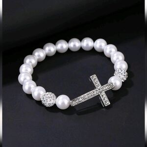 Lustrous Pearl and Silver Cross Bracelet
